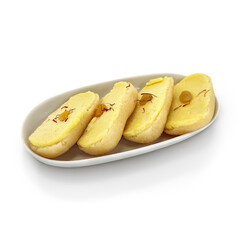 Traditional Bengali Sandesh with Saffron and Raisin Garnish on White Plate