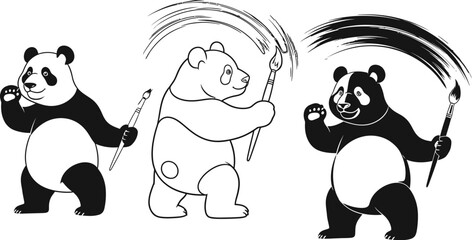 Panda bear painting with brush black and white vector cartoon