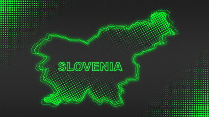 Neon Green Slovenia Map Outline Futuristic Digital Glow Halftone Illustration