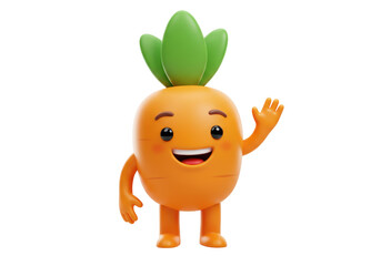 Isolated cartoon carrot smiling, waving, with arms, legs, and green leafy sprout top © Giulia