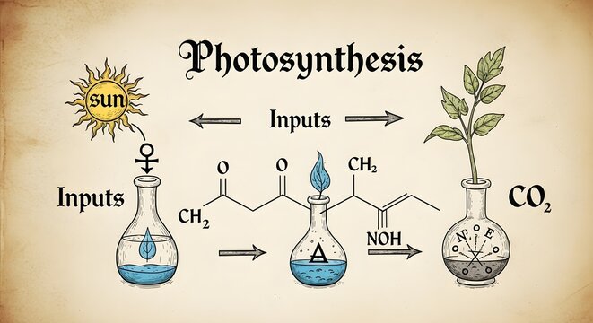 Scientific Illustration of Photosynthesis Process with Chemical Reactions and Laboratory Equipment