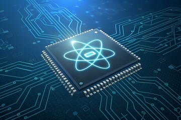 Futuristic ai chip with digital atom icon symbolizing quantum computing technology innovation