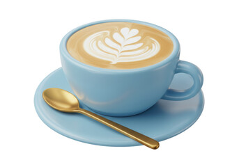 Isolated Cappuccino Cup Latte Art Design Freshly Brewed Coffee Gold Spoon Ready to Drink
