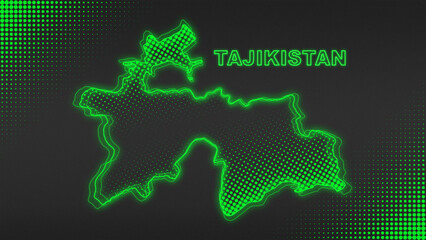 Neon Green Tajikistan Map Outline Futuristic Digital Glow Halftone Illustration