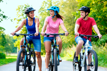 Group of Young Caucasian Adults Riding Bicycles Together Outdoors Smiling
