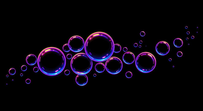 Iridescent Purple and Blue Soap Bubbles Cluster Floating Varied Sizes.