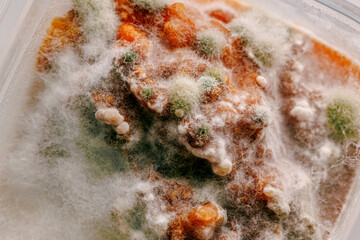 Detailed close-up image of mold on food, displaying vibrant colors and textures, illustrating the decomposition process and the role of fungi in nature