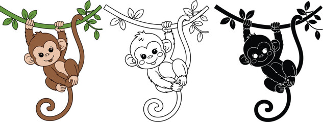 Monkey hanging from tree branch cartoon illustration vector