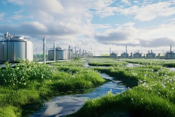 Obraz premium Landscape with storage tanks and lush greenery under a clear blue sky at noon