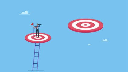 Businessman climb up ladder reaching goal and looking for next bigger step. Challenge achievement or higher target, the way forward or next level, bigger business goal or aspiration.