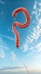 Realistic Human Colon with Balloon String Floating in a Clear Blue Sky. Anatomically Accurate Large Intestine with Detailed Texture in a Surreal Minimalist Concept. Real Organ Levitation Representing 
