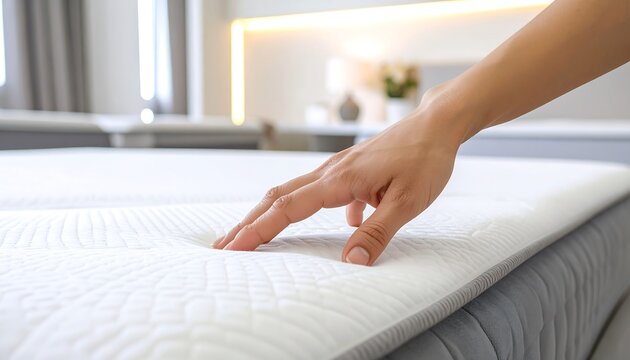 Close-up of a hand feeling a mattress