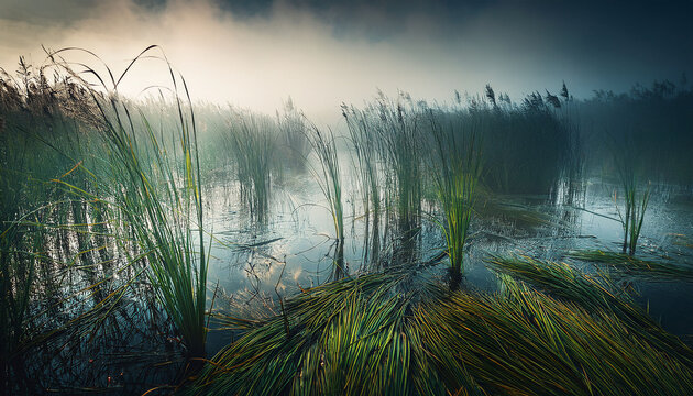 Mysterious Swamp With Layered Reeds And Dramatic Lighting