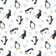 Snowflakes and penguins on a white background.Vector seamless pattern with penguins and snowflakes on a white background.