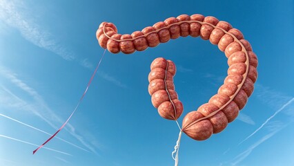Realistic Human Colon with Balloon String Floating in a Clear Blue Sky. Anatomically Accurate Large Intestine with Detailed Texture in a Surreal Minimalist Concept. Real Organ Levitation Representing 