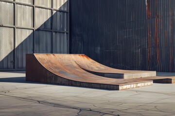 Two rusty skate ramps in front of an industrial building, bathed in warm sunlight, invite skateboarders to practice their skills