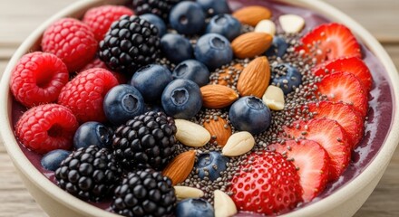 Fresh berry smoothie bowl topped with almonds and chia seeds  