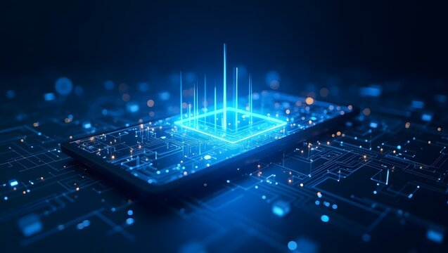 A futuristic illustration of a smartphone with glowing digital lines and a central square light emitting light