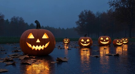 Illuminated jack-o'-lanterns on a wet autumnal path.  Spooky, glowing gourds in a misty, rain-slicked park