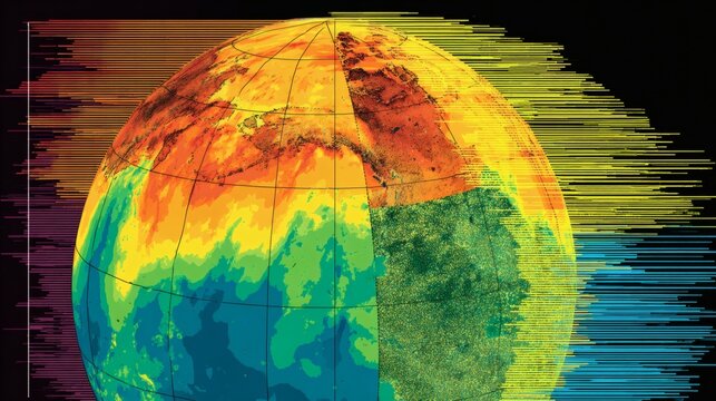quadrants. Fractured globe with mismatched seasonal quadrants spinning chaotically amid erratic satellite data. ESG reports, sustainability campaigns, designed for environmental awareness campaigns.
