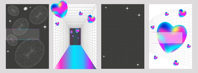 Trendy Y2K abstract posters with 3D wireframe grids, neon gradients and holographic hearts. Perfect for futuristic design, digital art, retro cyber style, covers, templates and creative projects.
