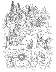 Coloring page for adults and children. Bouquet of flowers.