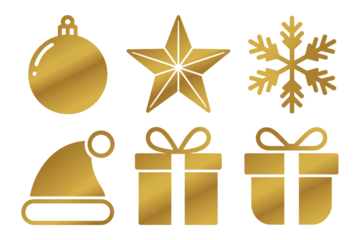 A set of various Christmas decorations, including hanging tree ornaments, balls, and ribbons, for the winter holiday season. Set of Christmas icons