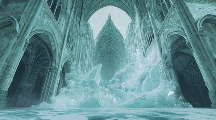 Enchanting Ice Palace Interior with Frozen Architecture and Mystical Atmosphere.