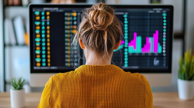 Woman confidently reviewing her investment portfolio on a desktop computer, focused, empowered investor,  - Powered by Adobe