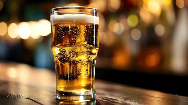 Refreshing pint of golden beer with foam bubbles on bar, perfect for brewery ads or celebrating happy hour specials
