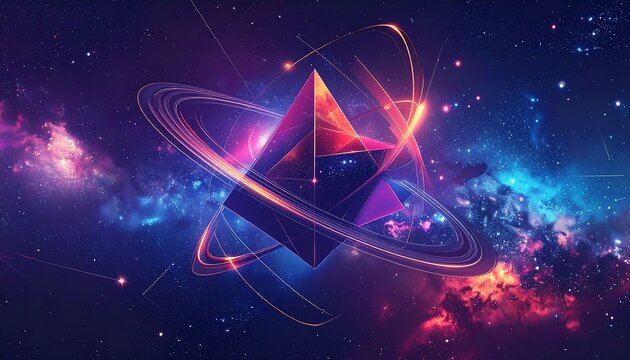 Abstract cosmic pyramid in swirling nebula