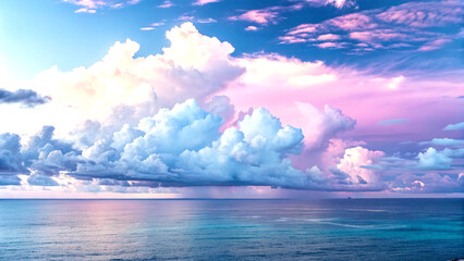 Vibrant fluffy white clouds over pastel sky with deep blue ocean below