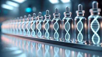 DNA strand displayed within vials arranged in a row, showcasing advanced scientific research