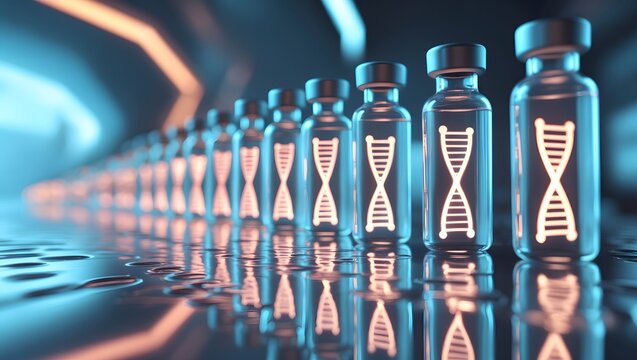 an illustration of a row of vaccine vials containing a DNA strand, symbolizing a breakthrough in medical science. The vials glow, highlighting the crucial genetic information