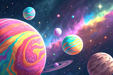 Vibrant animated scene of swirling multicolored planets in cosmic space