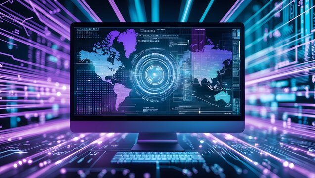 Futuristic Computer Display with world map digital technology
