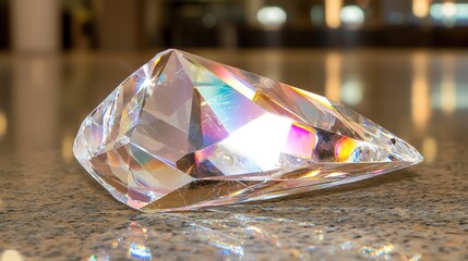 A crystal with a faceted surface and a rainbow of colors.