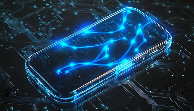 Transparent phone case with blue LED pulse veins over matte tech background