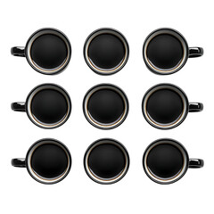 Eight Black Coffee Mugs Top View Dark png