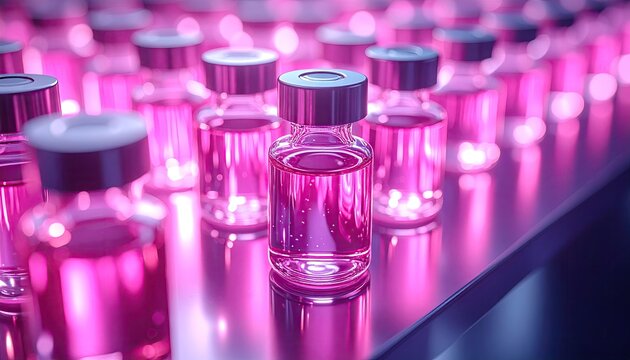 Pink Liquid Filled Vials in a Laboratory Setting.
