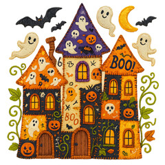 Whimsical patchwork witch house illustration, perfect for Halloween designs, cozy autumn decor, and seasonal crafts. Cute and rustic embroidery-style design for invitations, sublimation, and DIY proje