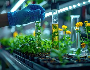 Scientist examining plants in a laboratory setting. Plant research in progress.