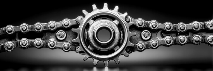 Metal bicycle chain and gear on a dark background