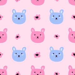Cute bear head pattern background. Blue and pink bear faces with tiny paw prints seamless design. Perfect for kids fabric, wallpaper, and kawaii decoration.