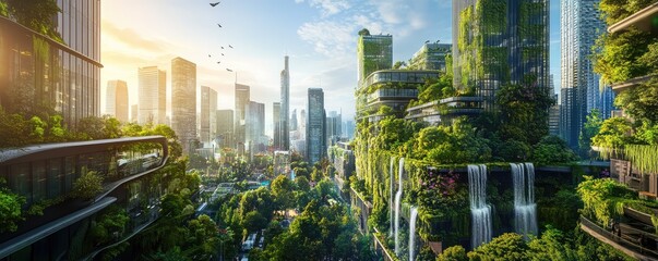 Blending nature and architecture in futuristic green city.