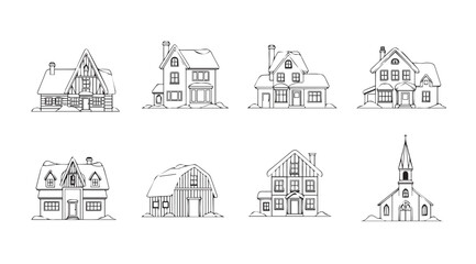 Collection of hand drawn architectural building silhouettes in sketch style