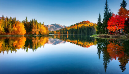 Obraz premium Serene Lake Mirrored Vibrant Trees