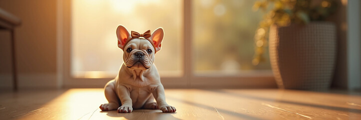 French bulldog puppy with bow sits in sunlight near window, charming scene of adorable French bulldog. Puppy's presence fills room with warmth, enhanced by natural light.
