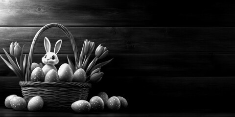 Easter bunny basket with decorated eggs and tulips in black and white