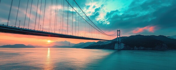 Witness a breathtaking sunset over a vast suspension bridge.